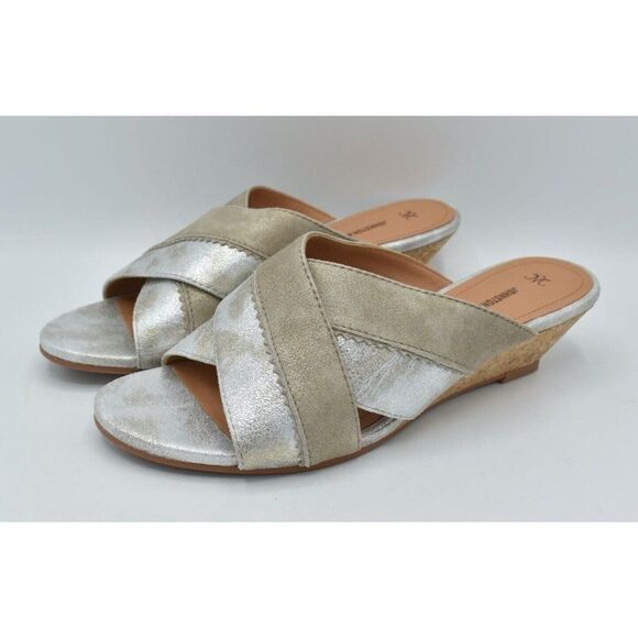 Johnston & Murphy Womens Size 8 Marlena Cross Strap Silver Gold Slip On Sandals